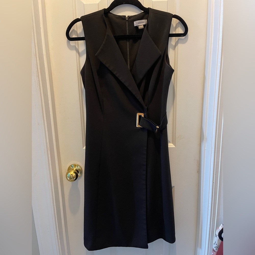 Calvin Klein Black Belted Sheath Dress with Notched Collar and Wrapped Waist